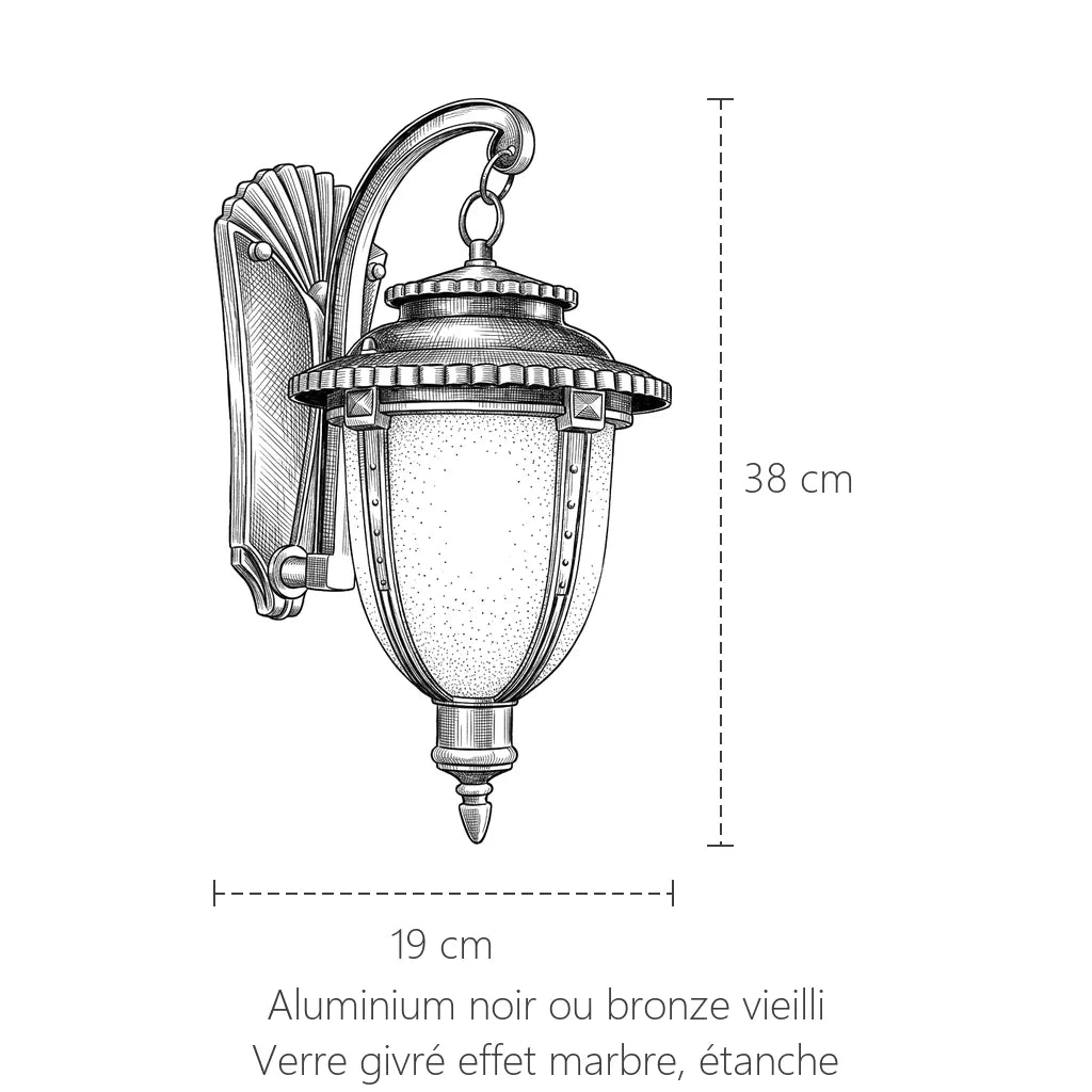 Dimensions de l'applique extérieure lanterne urne : 38 x 19 cm