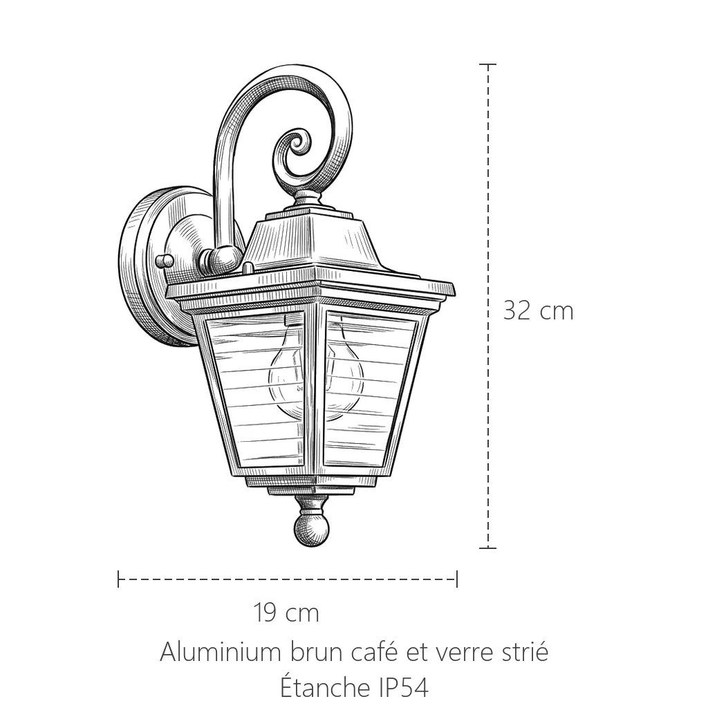 Dimensions de l'applique extérieure lanterne à volute : 32 x 19 cm