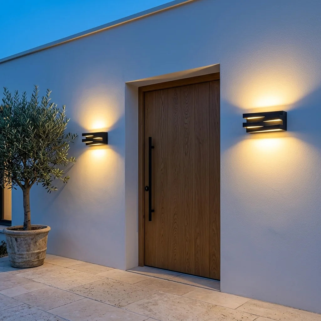 Deux appliques extérieures noires de part et d'autre d'une porte en chêne