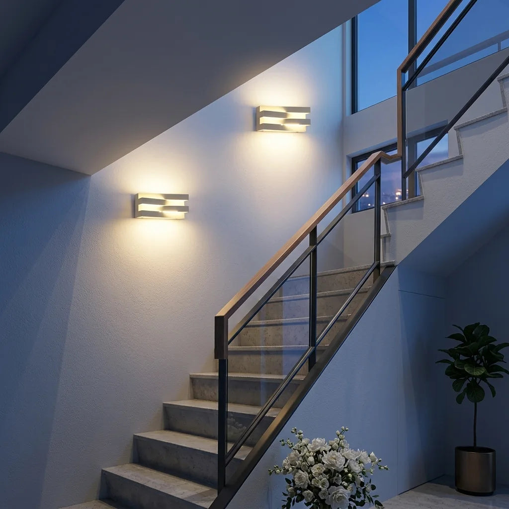 Appliques LED blanches éclairant une cage d'escalier au crépuscule