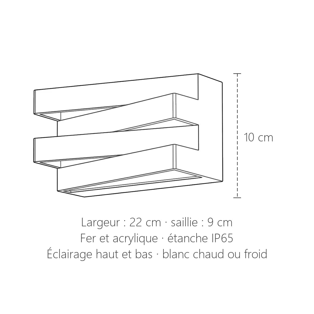 Dimensions de l'applique extérieure à lames décalées : 22 × 10 × 9 cm