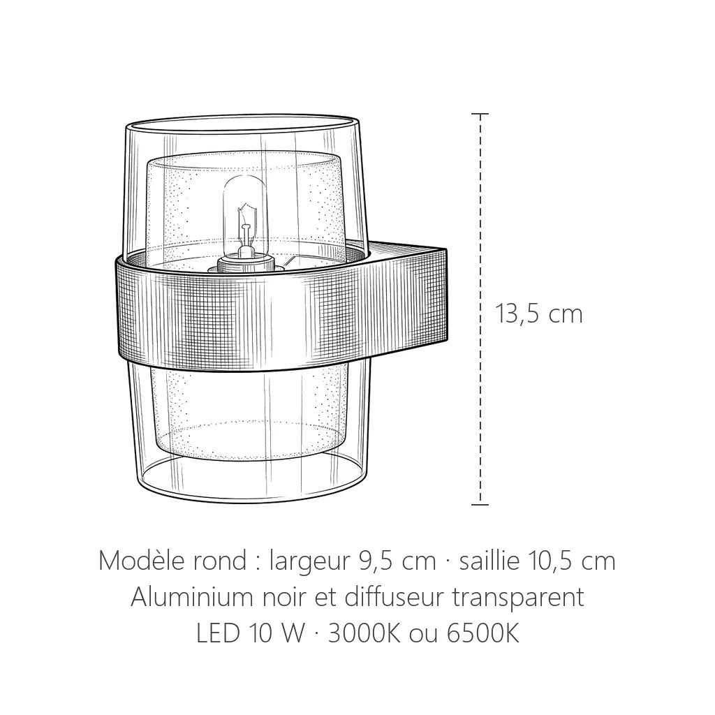 Dimensions de l'applique LED bandeau noir ronde : largeur 9,5 cm · saillie 10,5 cm