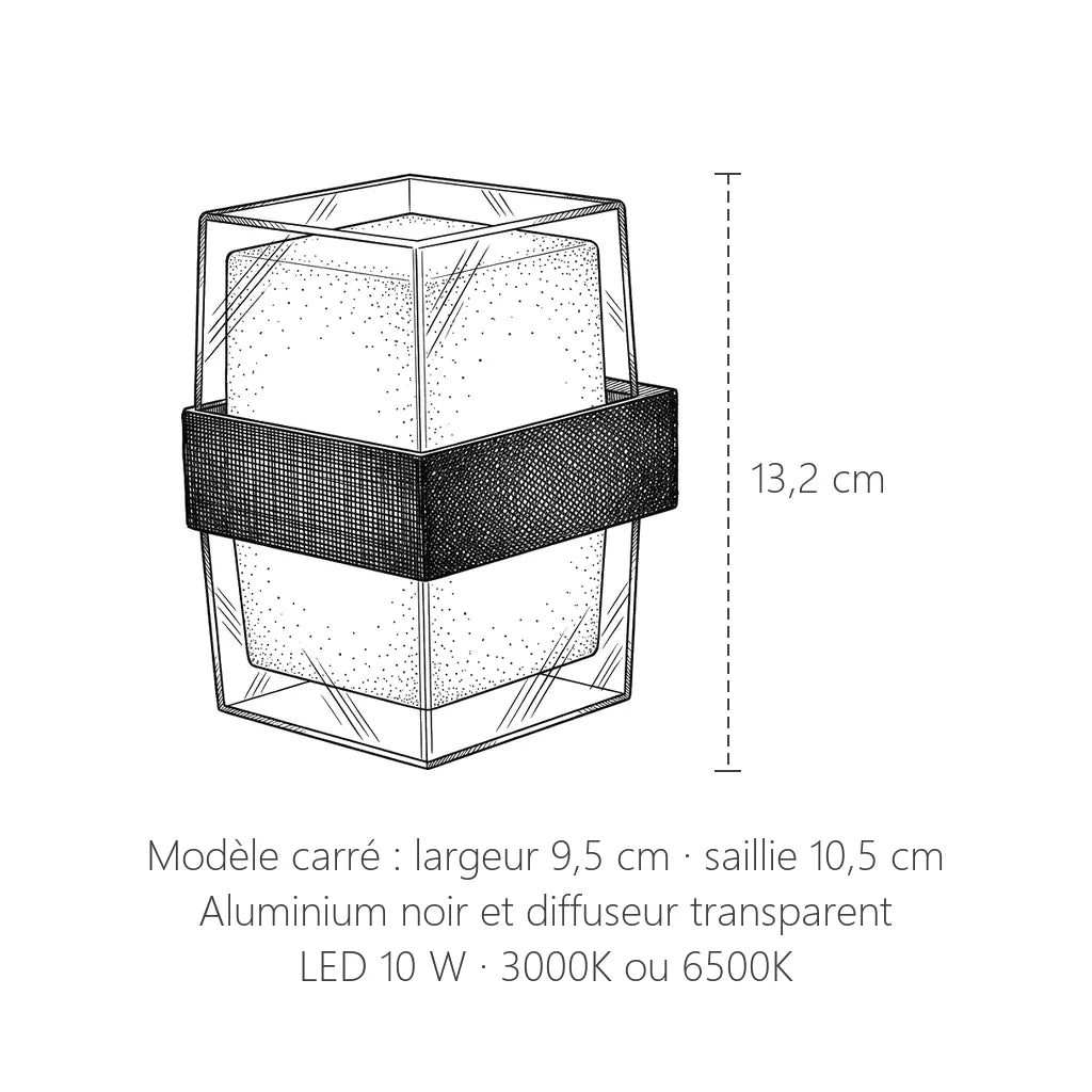 Dimensions de l'applique LED à bandeau noir : modèle carré : 13,2 cm