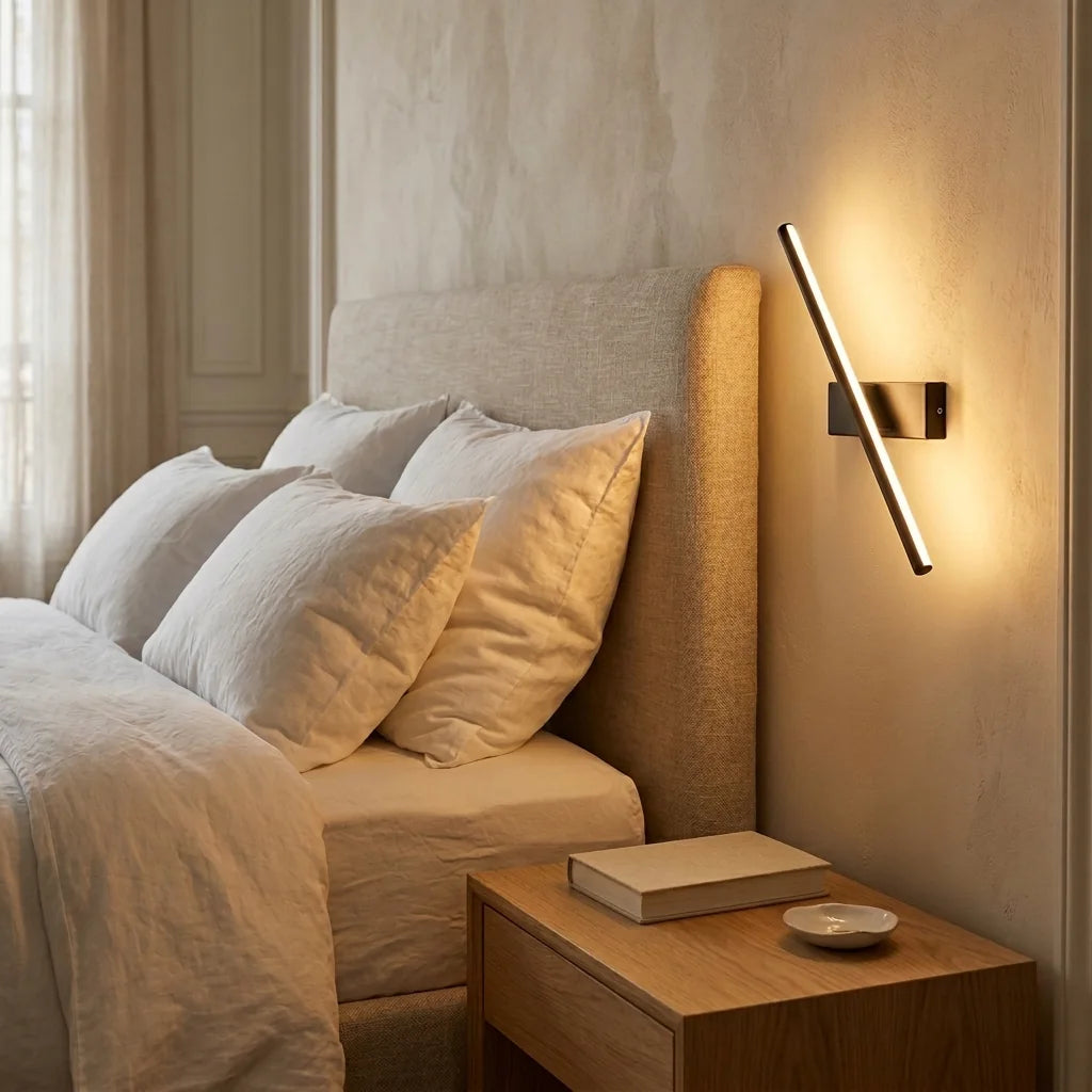Applique LED barre orientable inclinée près d'une tête de lit en lin