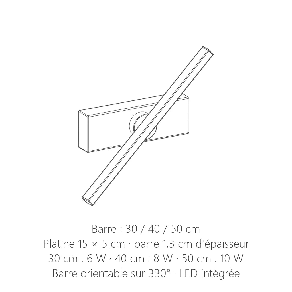 Dimensions de l'applique LED barre orientable : 30, 40 ou 50 cm