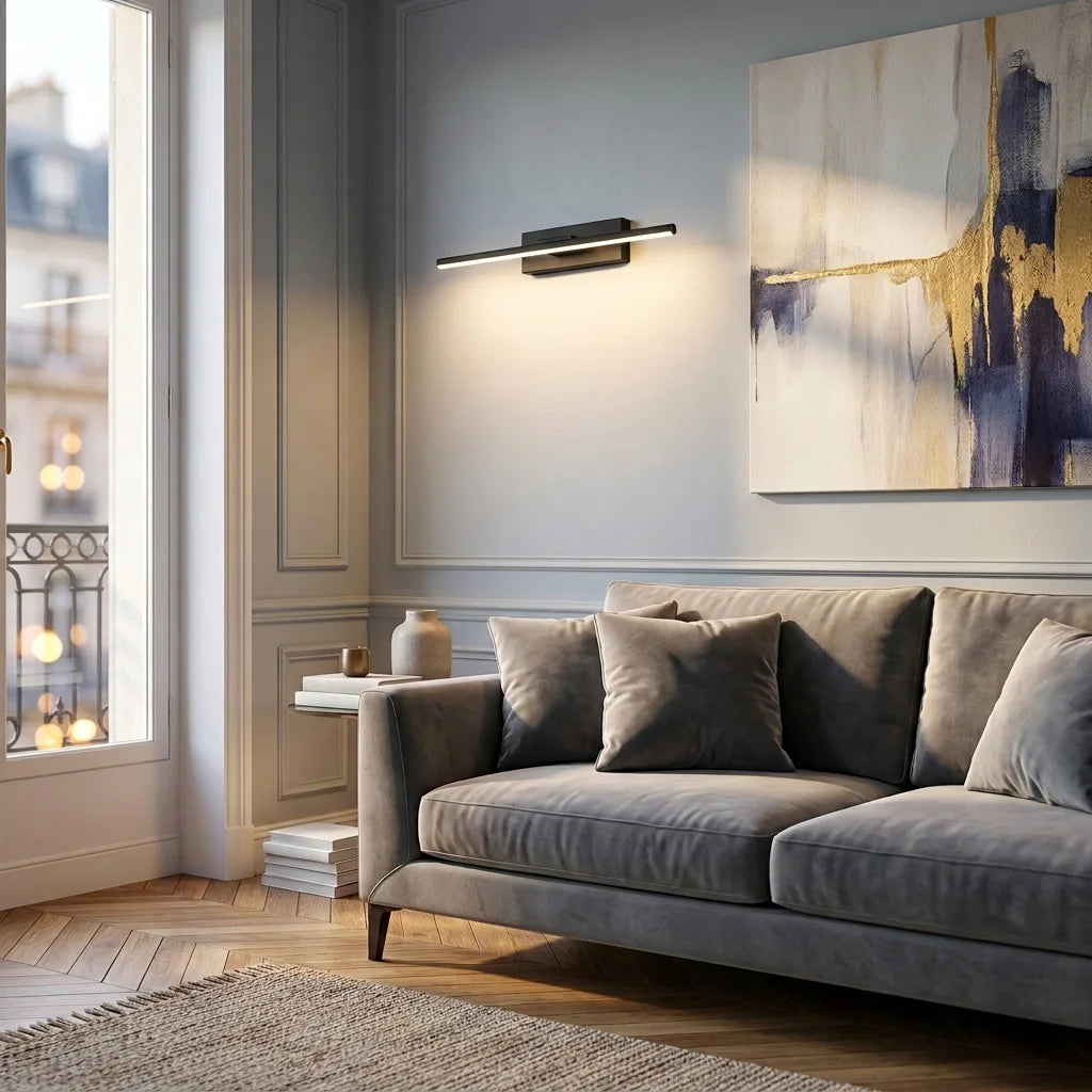Applique LED barre horizontale au-dessus d'un canapé en velours gris