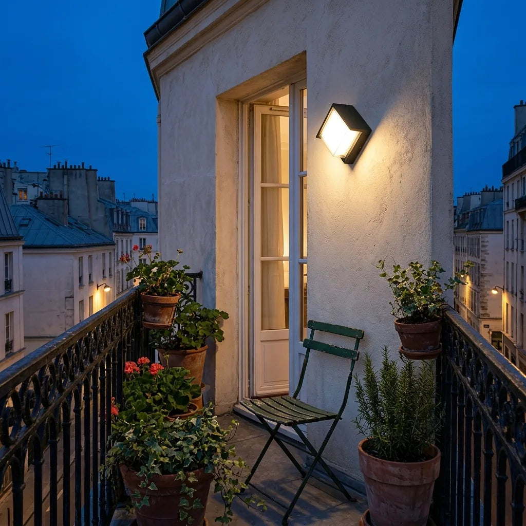 Applique LED en losange sur un balcon parisien au crépuscule