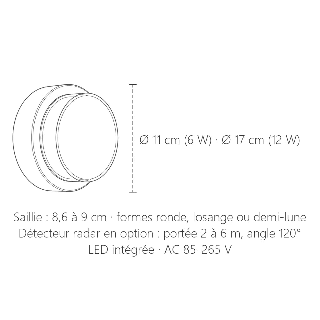 Dimensions de l'applique LED à détecteur : Ø 11 ou 17 cm