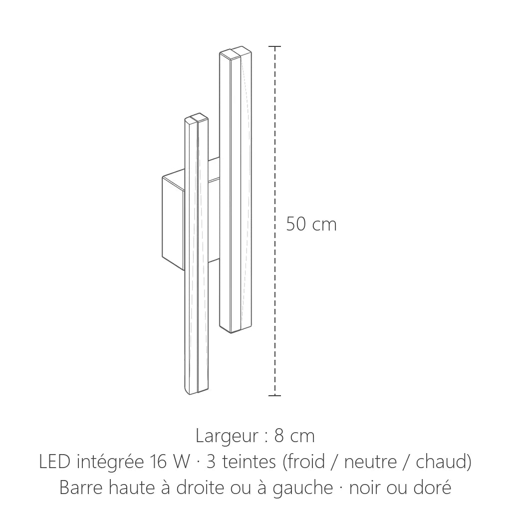 Dimensions de l'applique LED double barre : 50 cm de haut, 8 cm de large