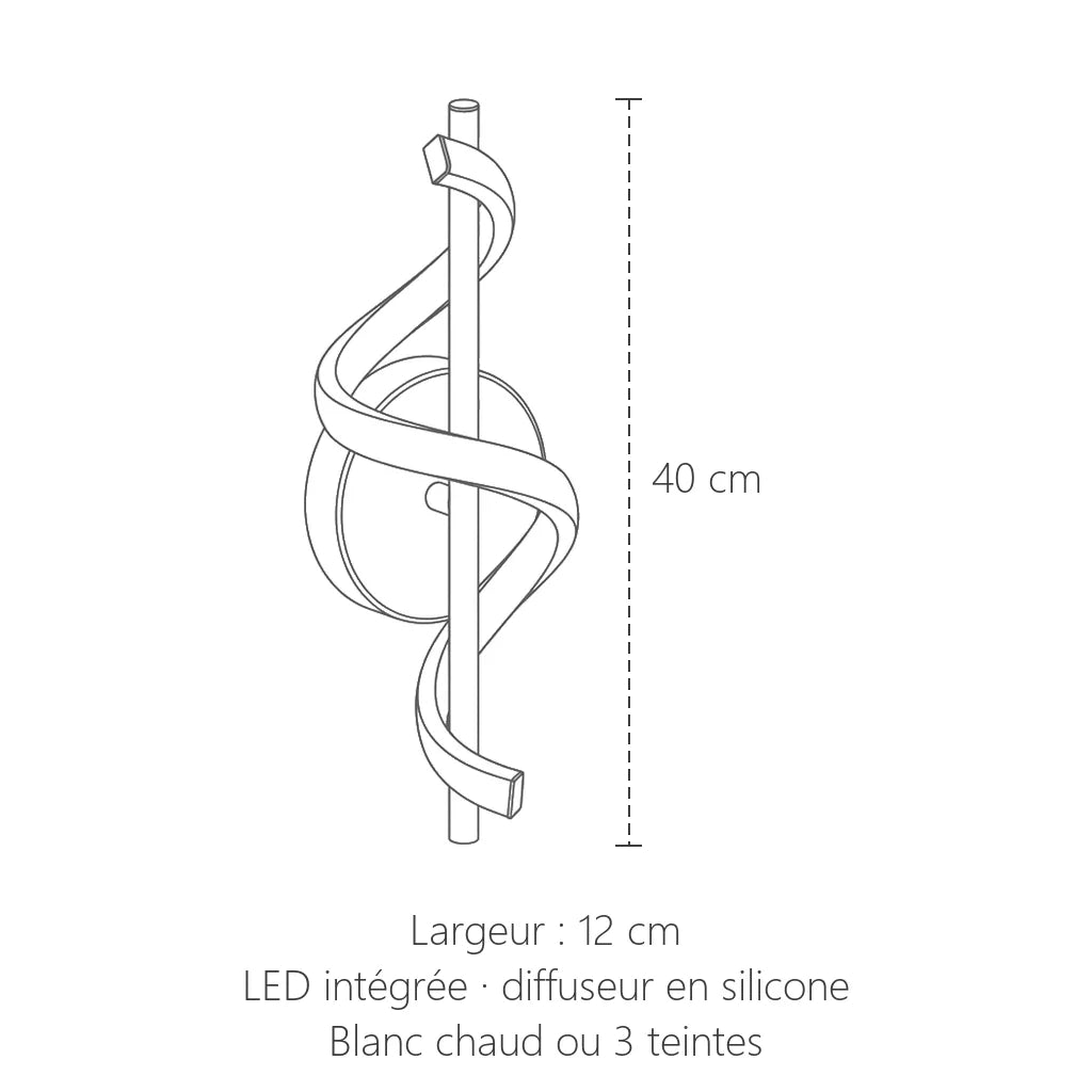 Dimensions de l'applique LED spirale : 40 cm de haut, 12 cm de large