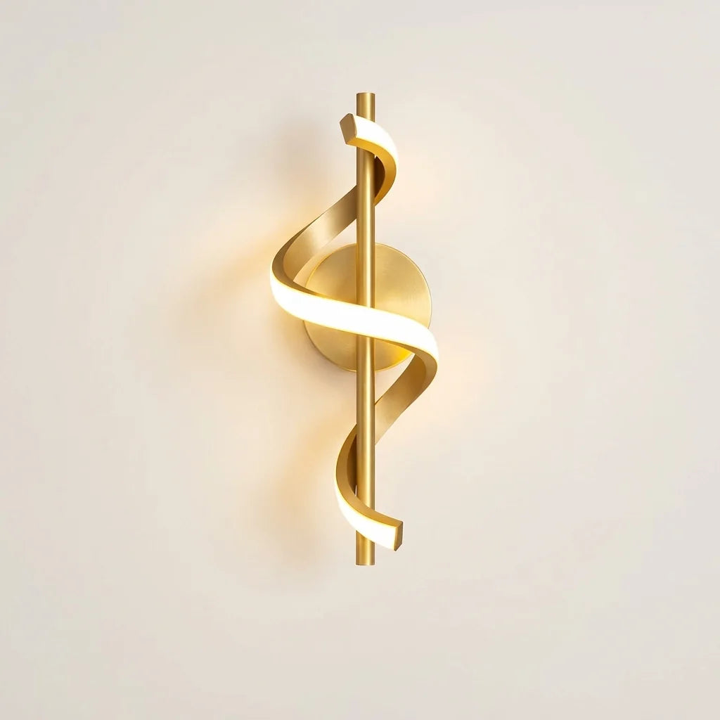 Applique murale LED art déco dorée, ruban lumineux en spirale autour d'une tige