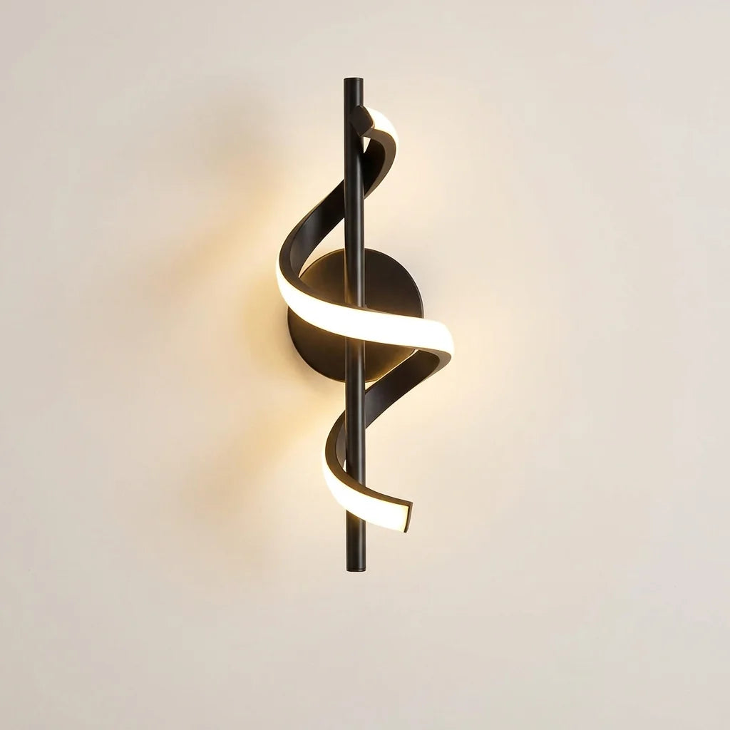 Applique murale LED art déco noire, ruban lumineux en spirale autour d'une tige