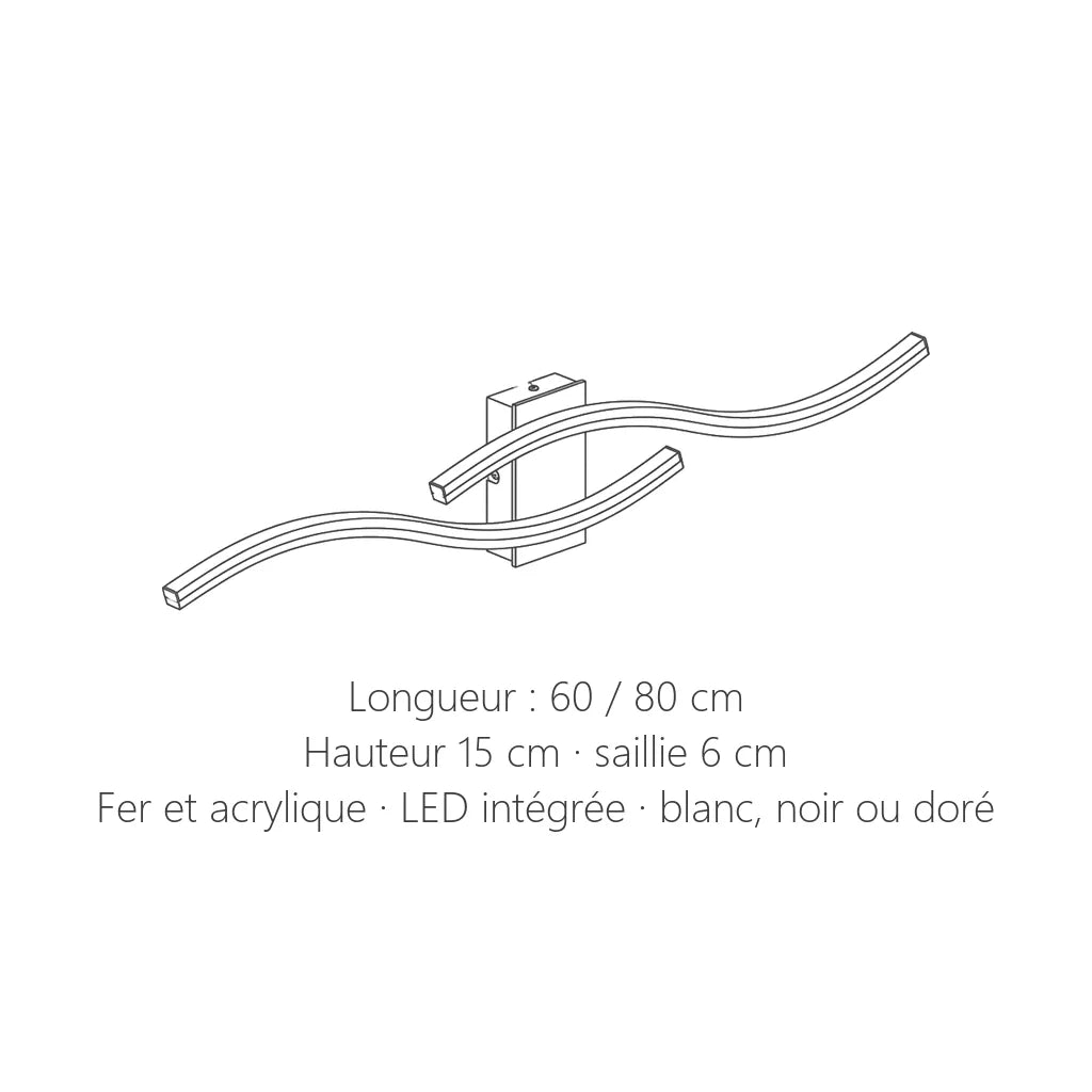 Dimensions de l'applique LED vague : 60 ou 80 cm de long, 15 cm de haut