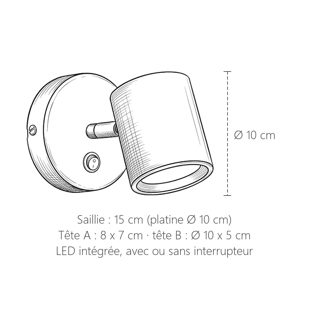 Dimensions de l'applique liseuse LED : platine Ø 10 cm, saillie 15 cm