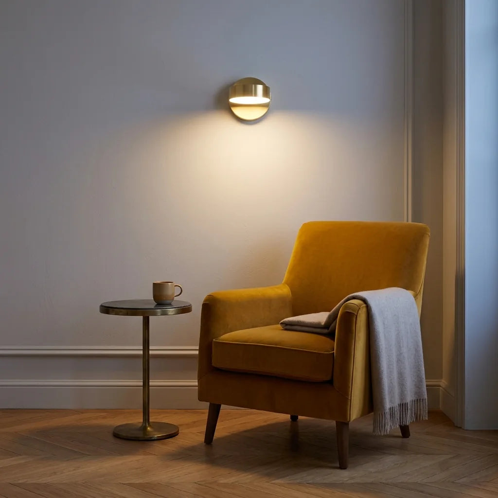 Applique liseuse dorée au-dessus d'un fauteuil en velours moutarde