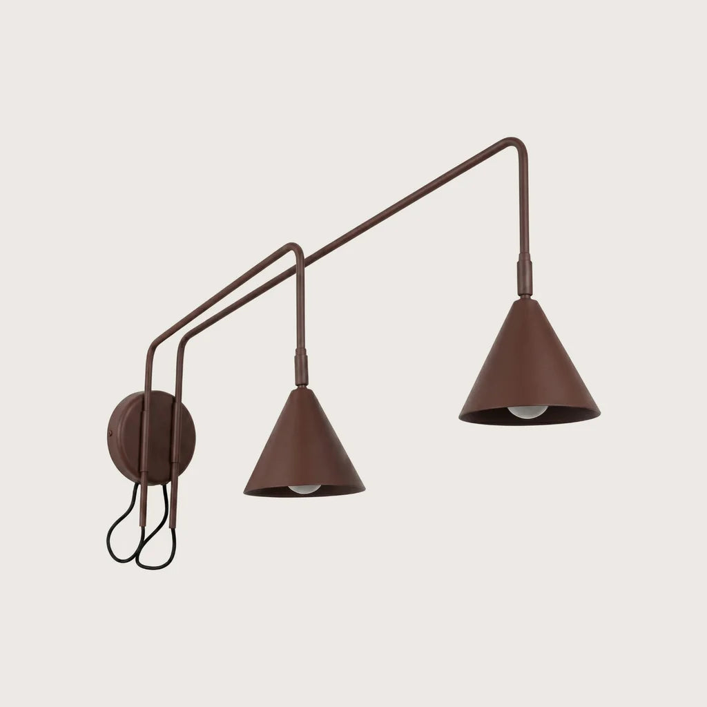 Applique liseuse à long bras et abat-jour conique, coloris marron (2 lumières – avec interrupteur)
