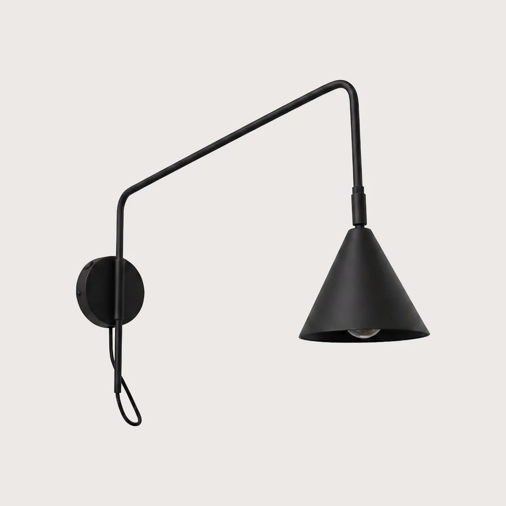 Applique liseuse à long bras et abat-jour conique, coloris noir (1 lumière – avec interrupteur)