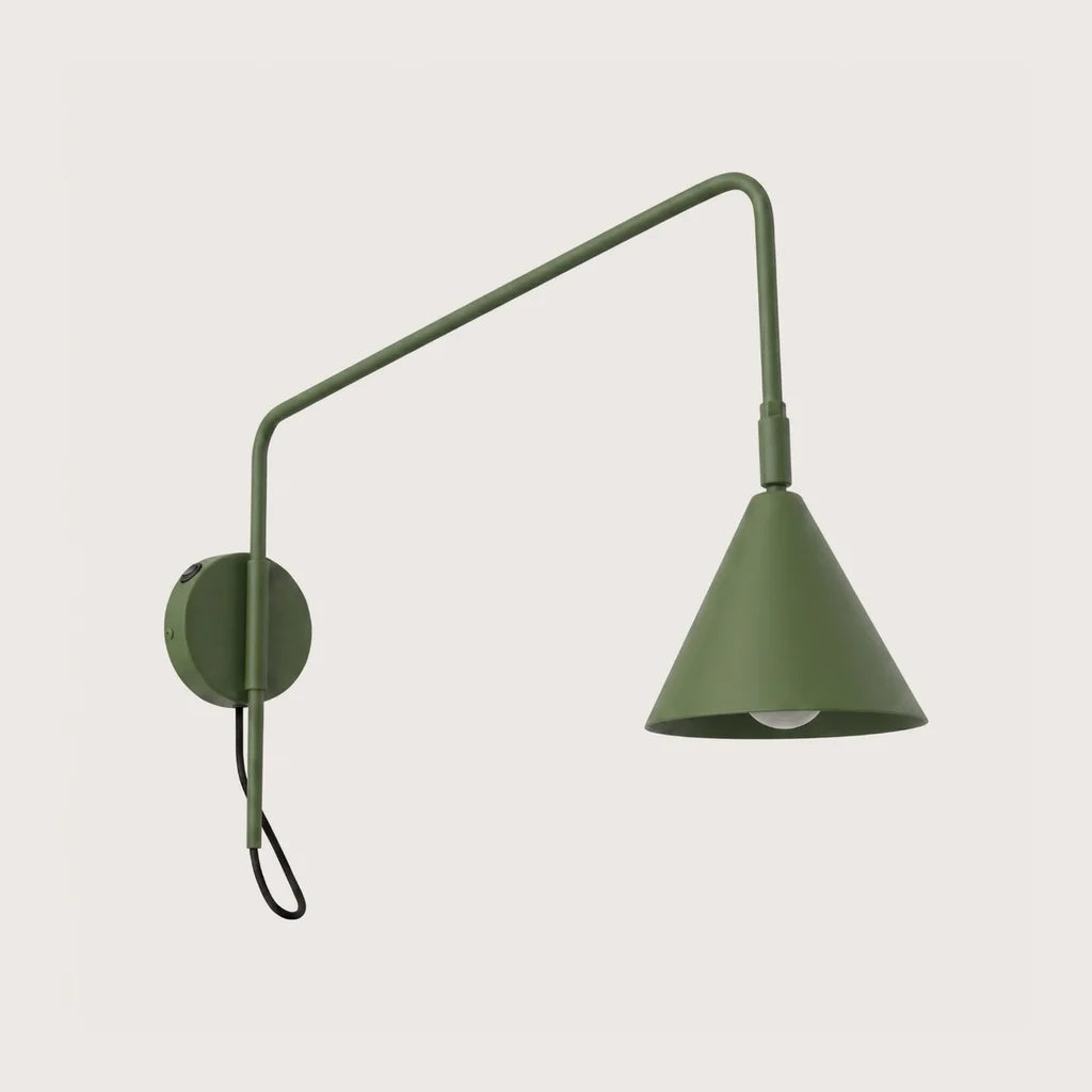 Applique liseuse à long bras et abat-jour conique, coloris vert olive (1 lumière – avec interrupteur)
