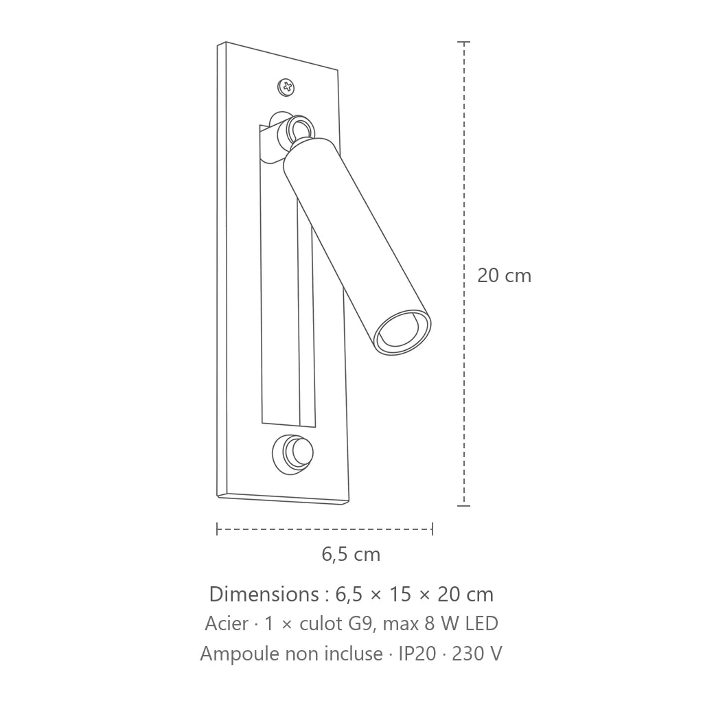 Dimensions : applique liseuse noire encastrée à spot pivotant, 6,5 × 15 × 20 cm