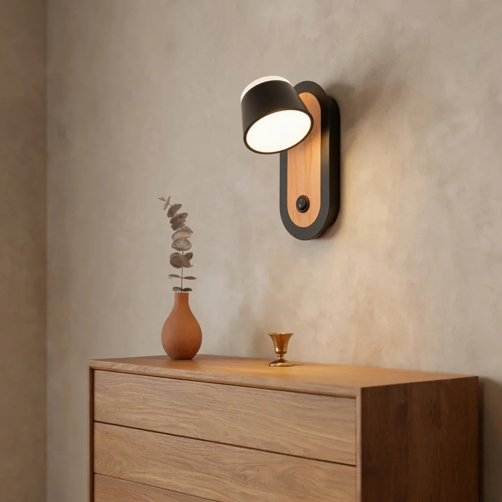 Applique liseuse noire et bois au-dessus d'une commode en bois