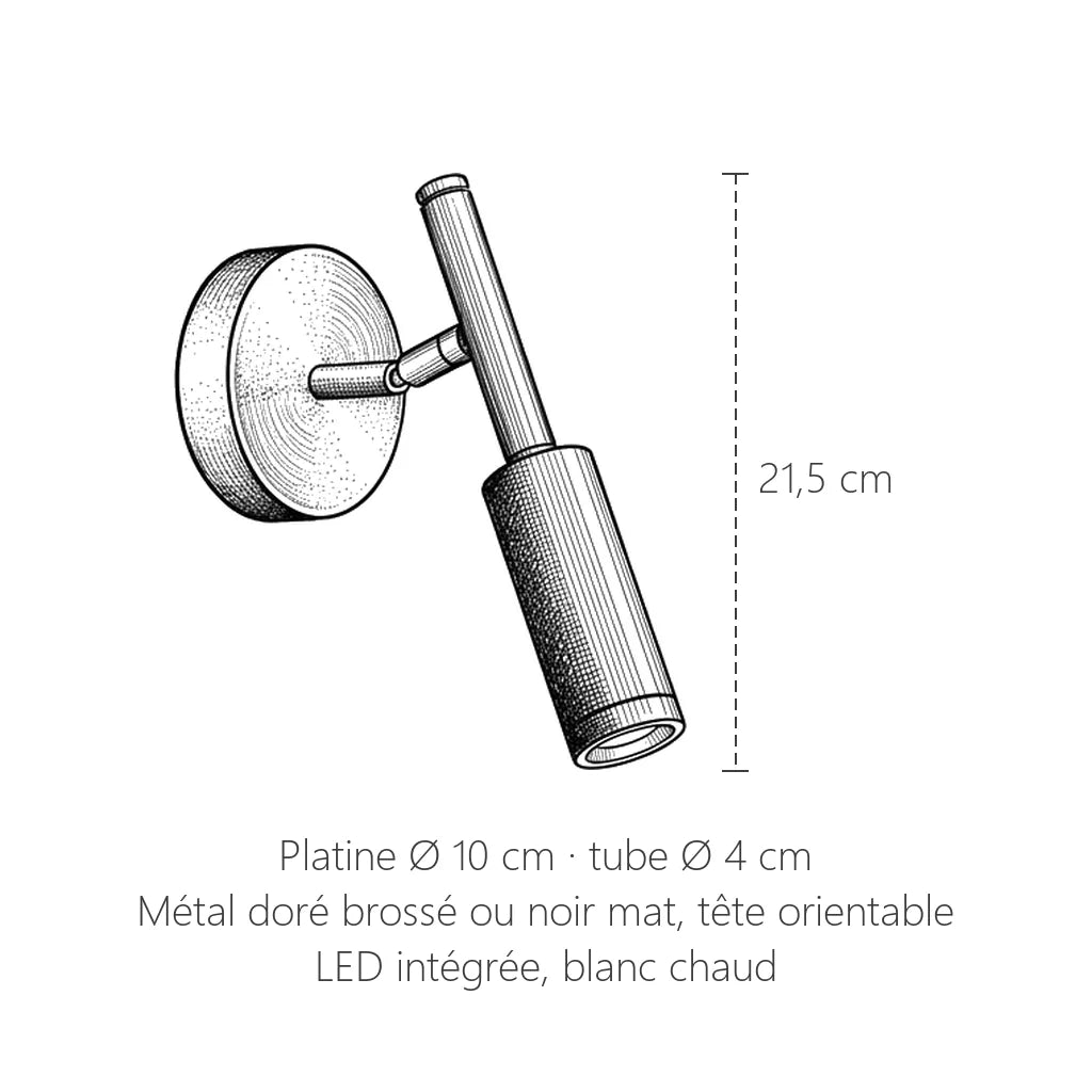 Dimensions de l'applique liseuse tube : 21,5 cm, platine Ø 10 cm