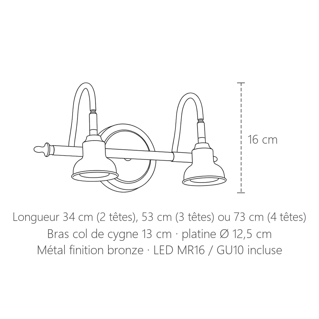 Dimensions de l'applique miroir col de cygne : 16 cm de haut, de 34 à 73 cm de long
