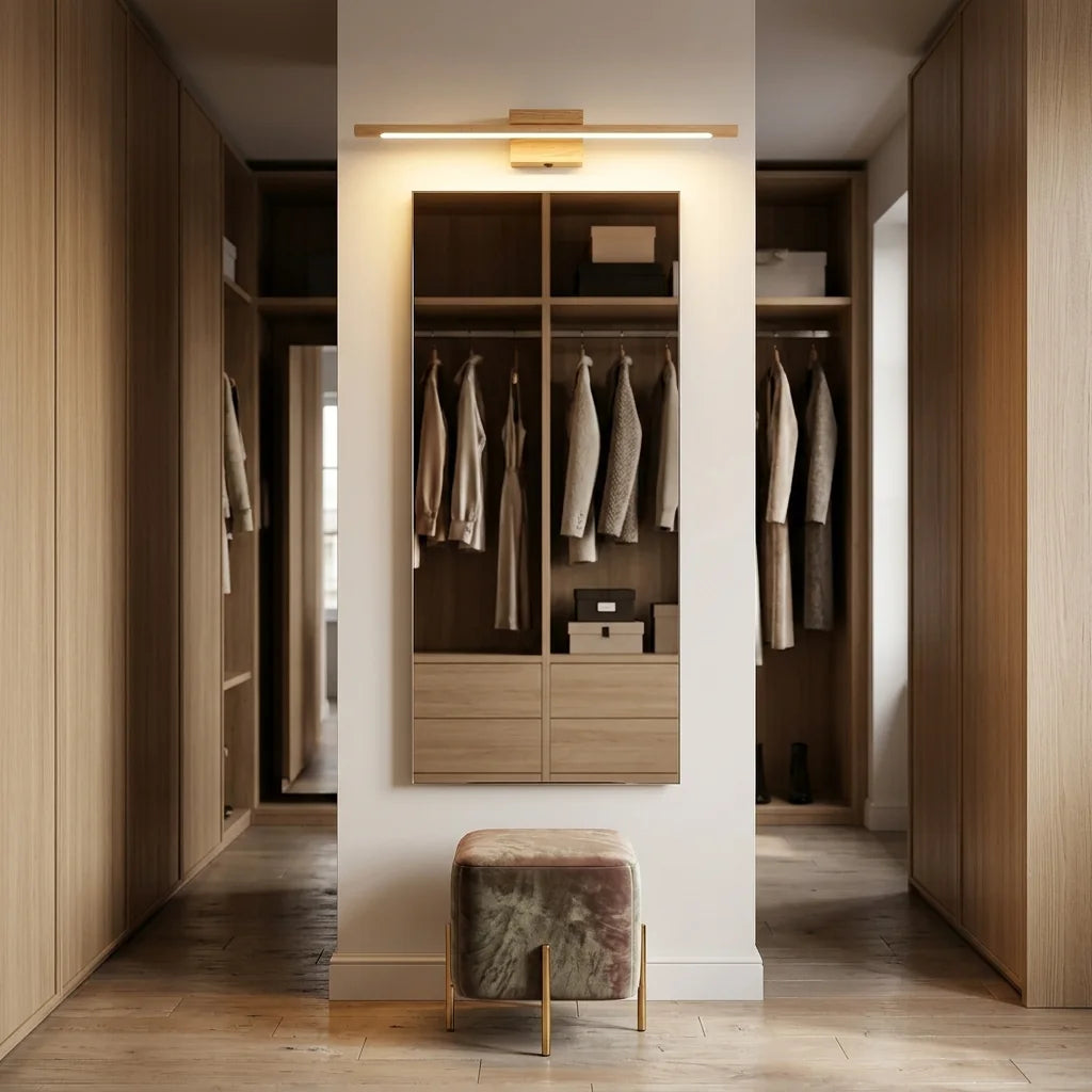 Réglette LED en bois au-dessus d'un grand miroir de dressing