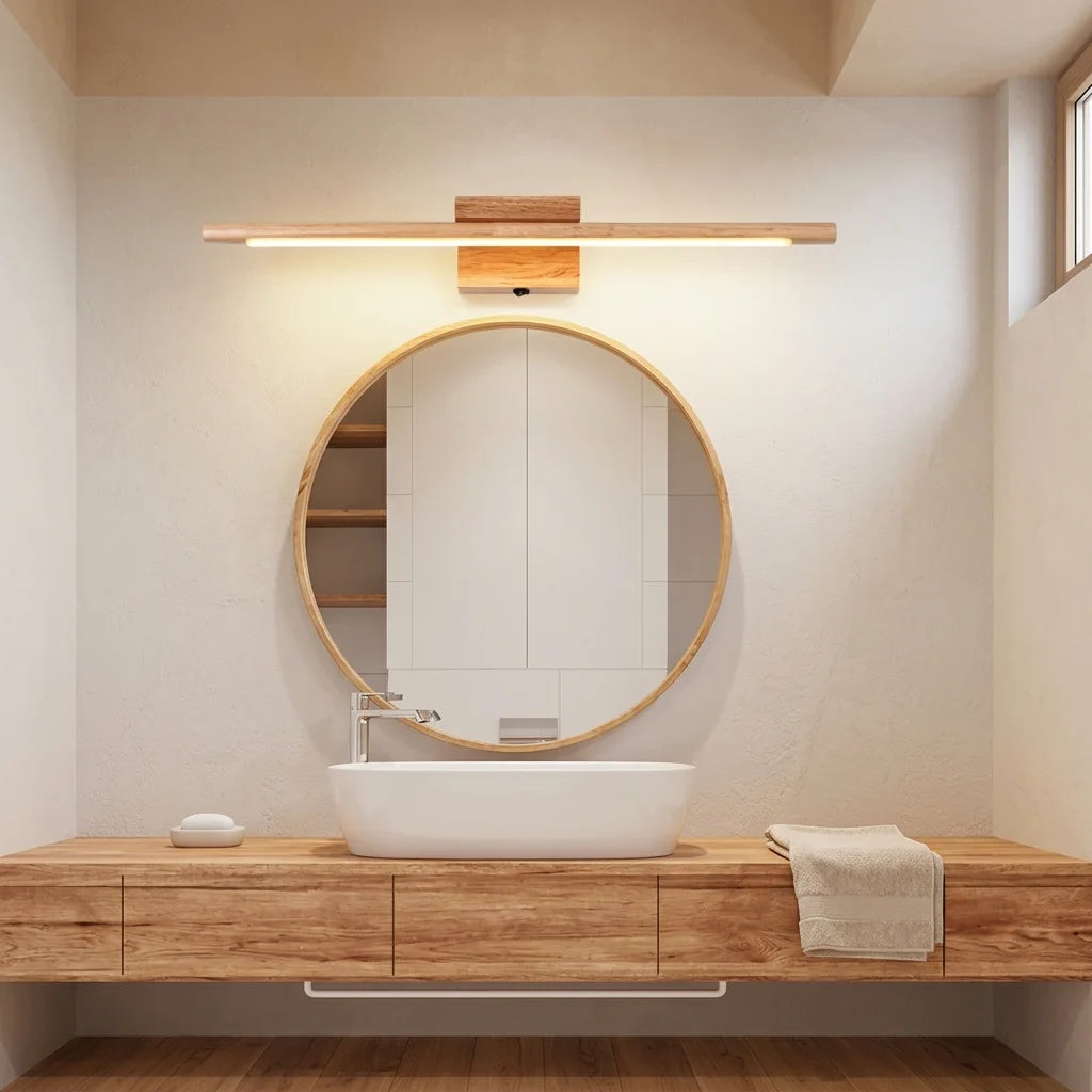 Réglette LED en bois au-dessus d'un miroir rond de salle de bain