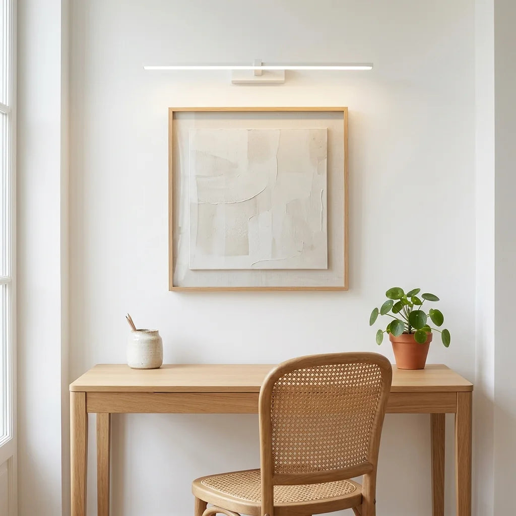 Réglette LED blanche éclairant un tableau au-dessus d'un bureau en chêne
