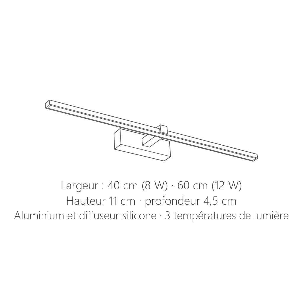 Dimensions de l'applique miroir LED : 40 ou 60 cm de long, 11 cm de haut