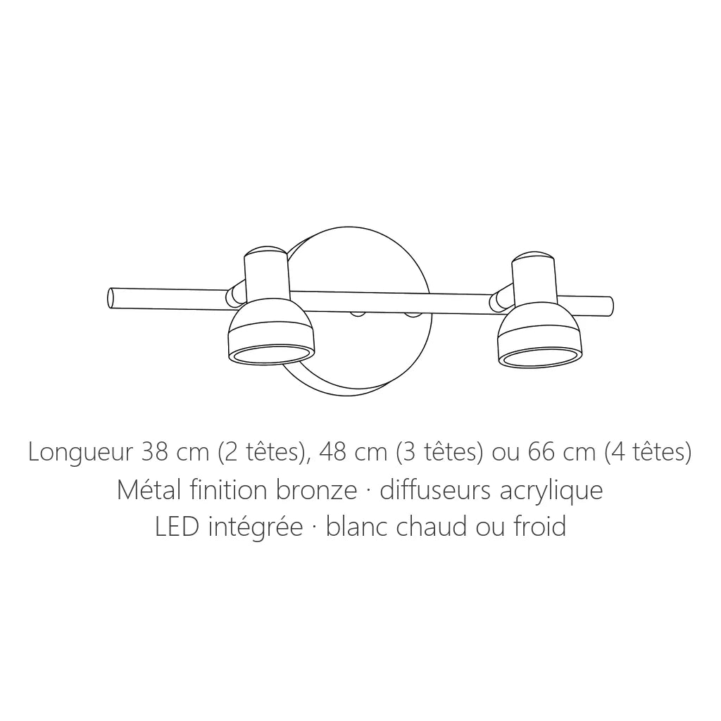 Dimensions de l'applique miroir LED bronze : 38, 48 ou 66 cm de long