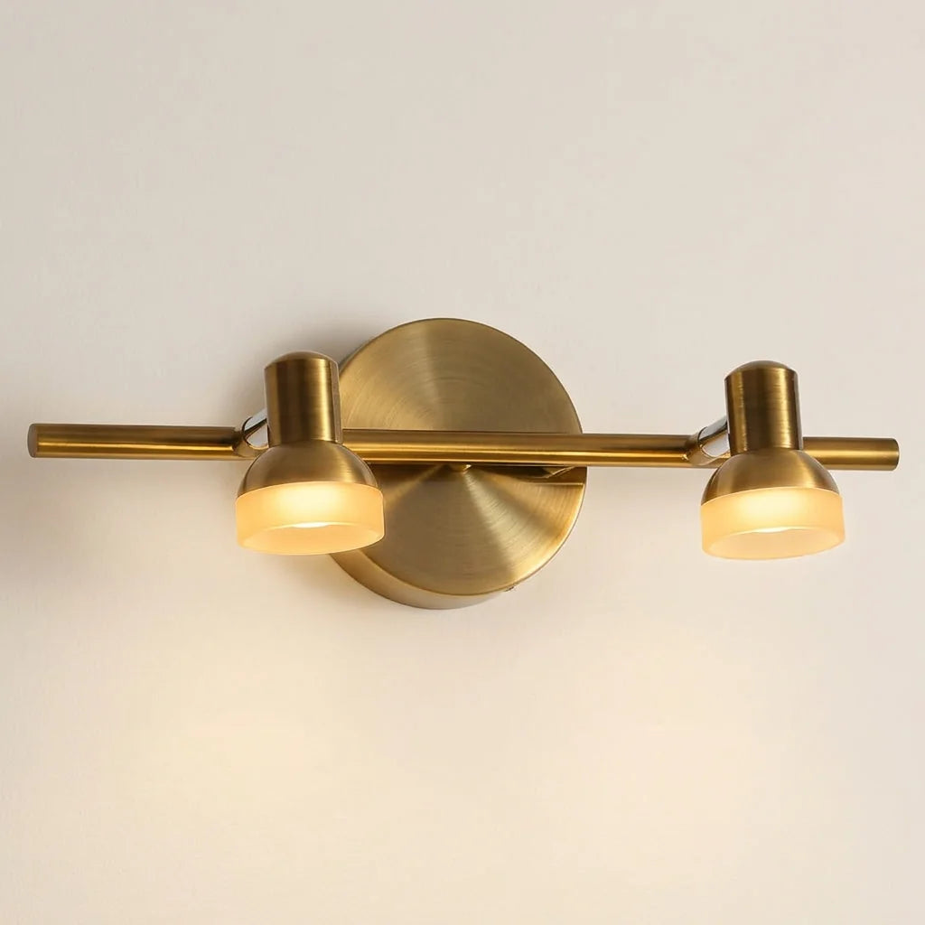 Applique miroir LED bronze à 2 spots orientables, allumée