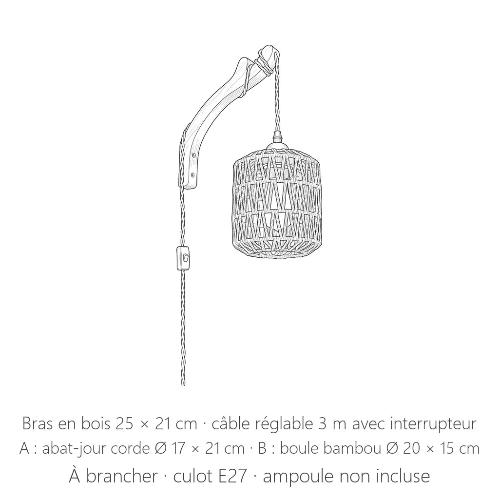 Dimensions de l'applique à brancher : bras 25 × 21 cm, abat-jour Ø 17 × 21 cm