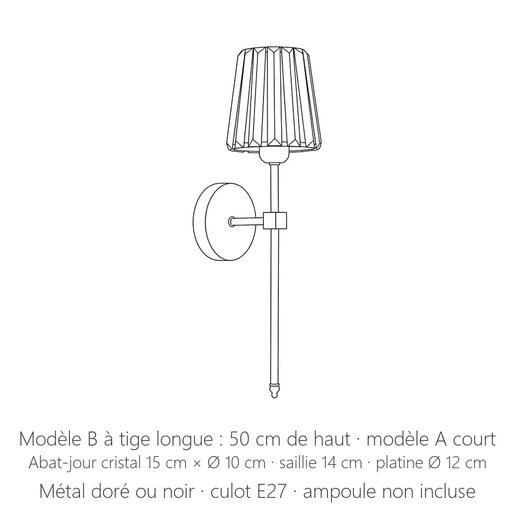 Dimensions de l'applique cristal : 50 cm de haut (modèle B), abat-jour 15 × Ø 10 cm
