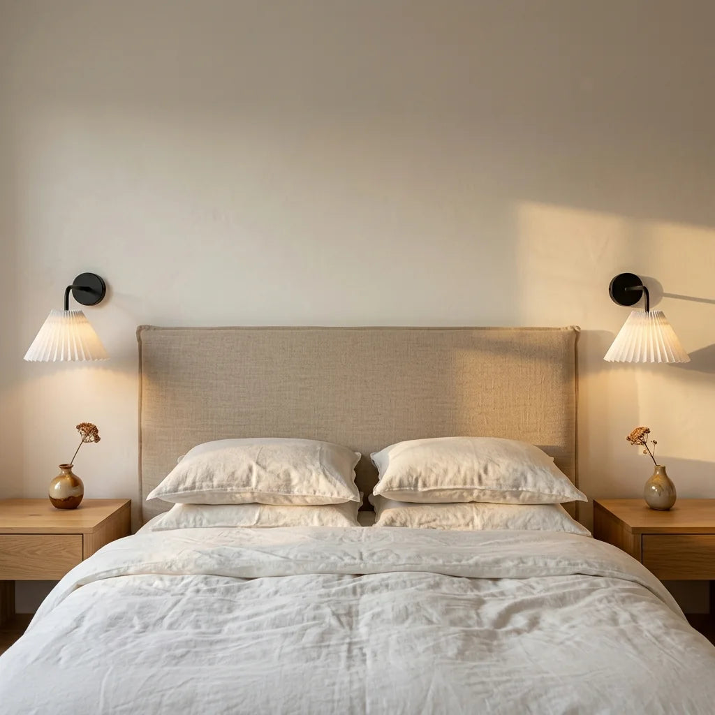 Deux appliques noires à abat-jour plissé autour d'une tête de lit en lin