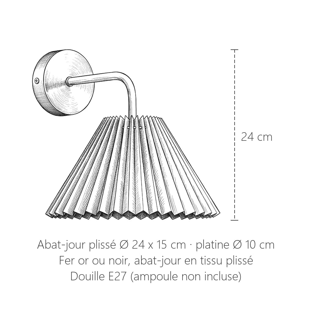 Dimensions de l'applique à abat-jour plissé : 24 cm, abat-jour Ø 24 cm