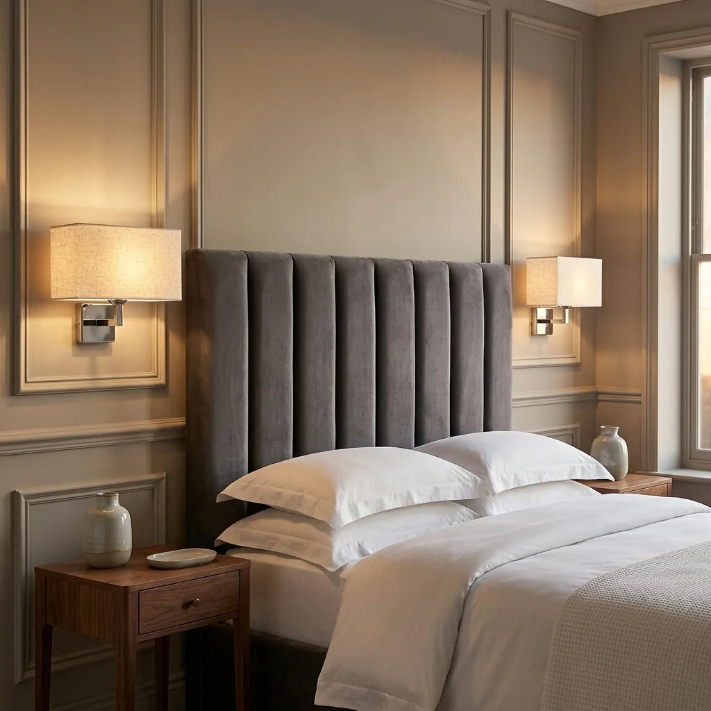 Deux appliques abat-jour lin de part et d'autre d'une tête de lit en velours