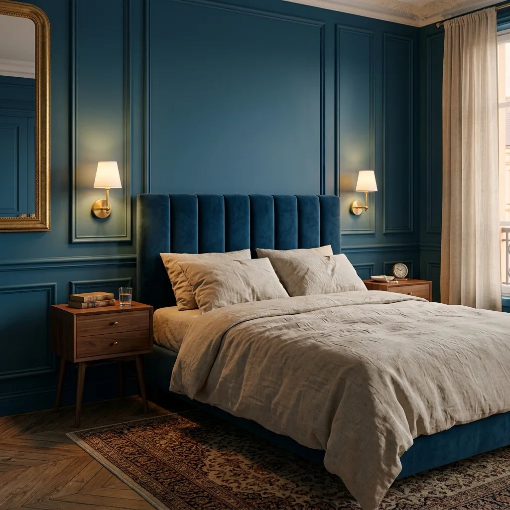 Deux appliques laiton à abat-jour de part et d'autre d'un lit, mur bleu canard