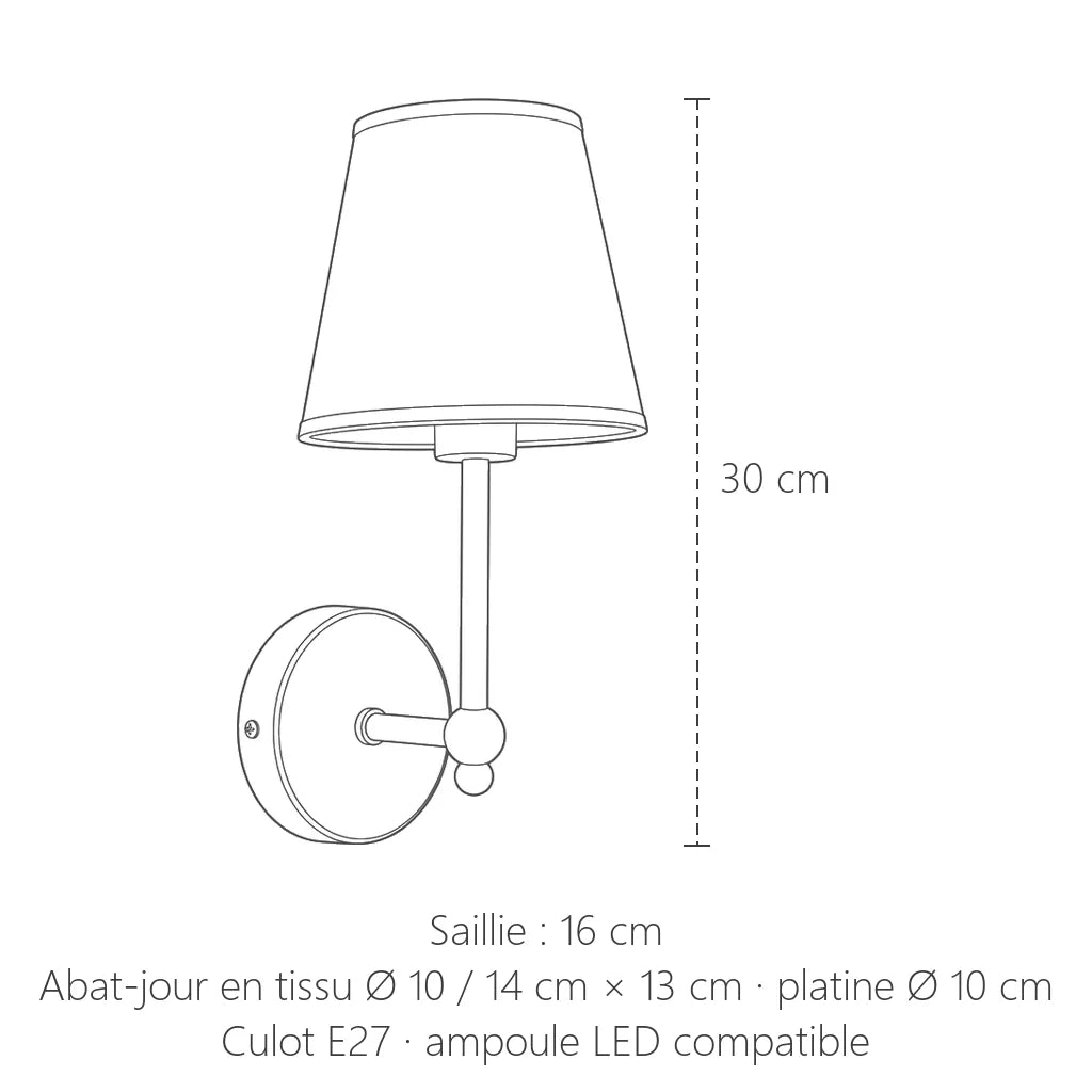 Dimensions de l'applique rétro à abat-jour : 30 cm de haut, 16 cm de saillie