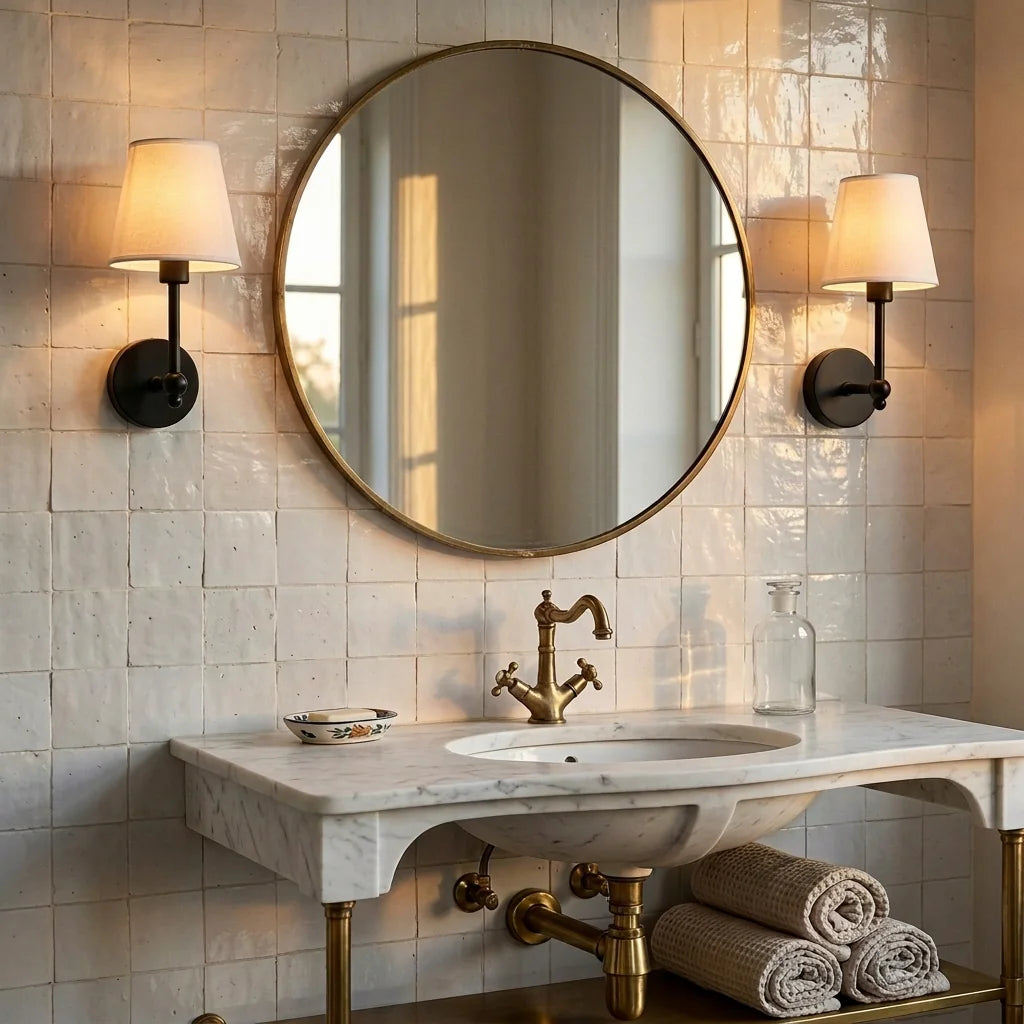 Appliques noires à abat-jour autour d'un miroir de salle de bain