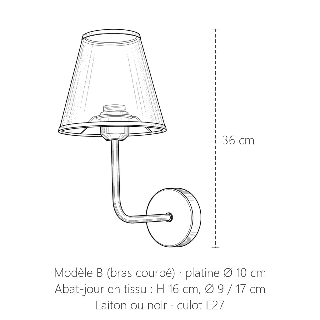 Dimensions de l'applique à bras courbé : 36 cm de haut