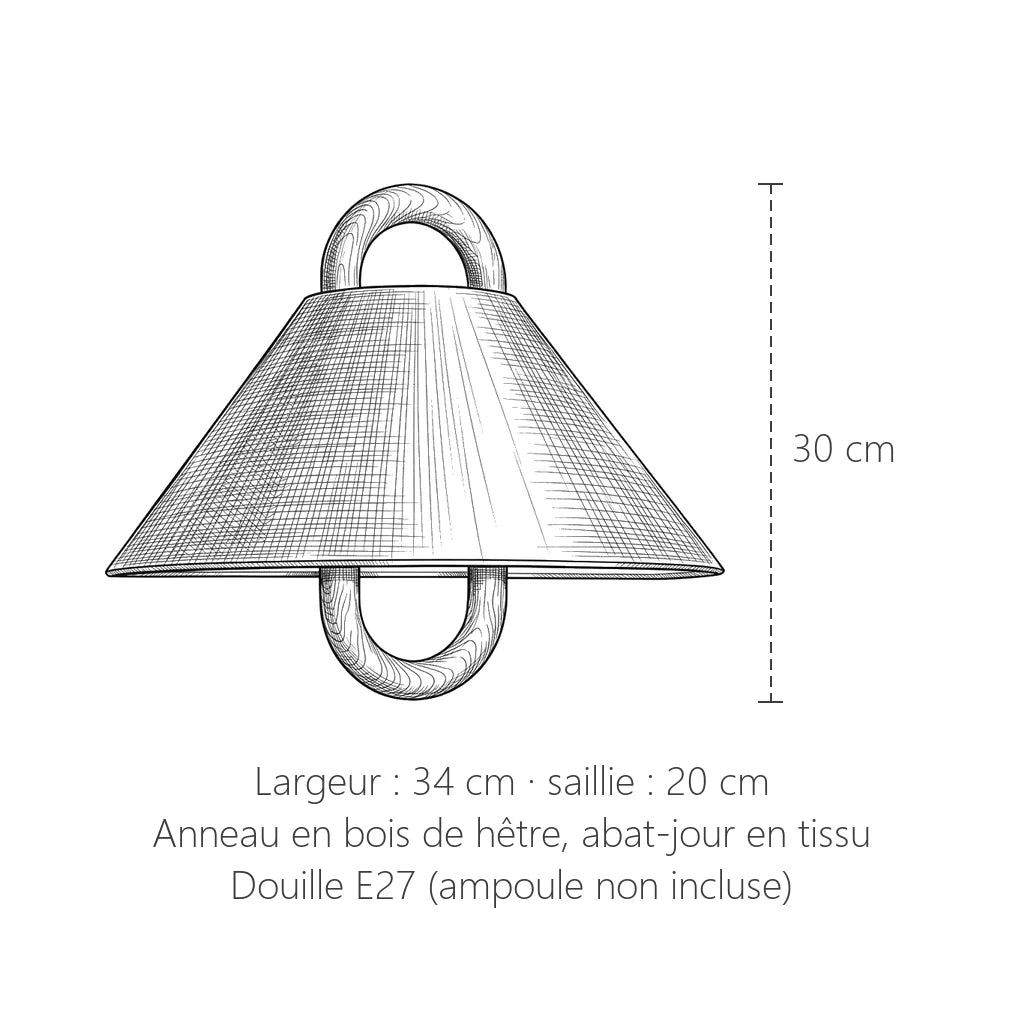 Dimensions de l'applique anneau en hêtre et abat-jour : 30 x 34 cm, saillie 20 cm