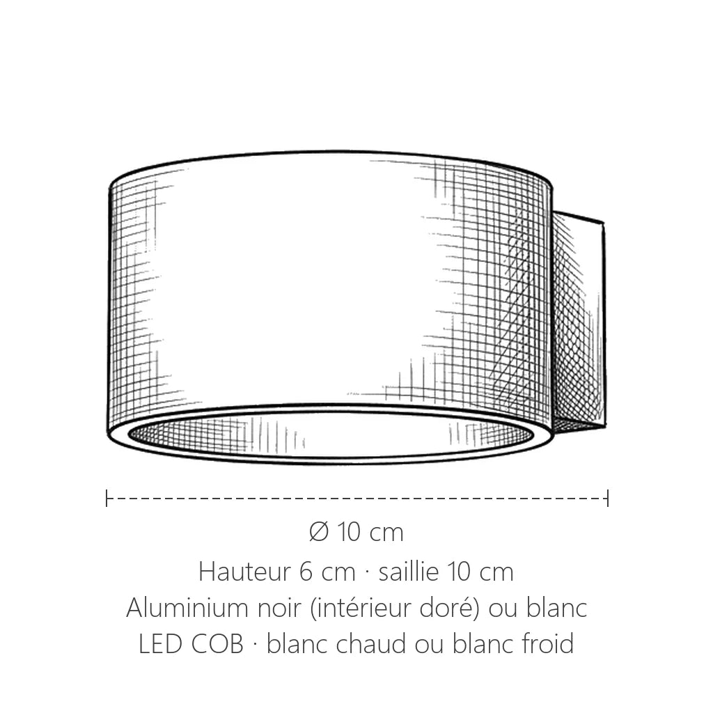 Dimensions de l'applique anneau LED : Ø 10 cm, hauteur 6 cm