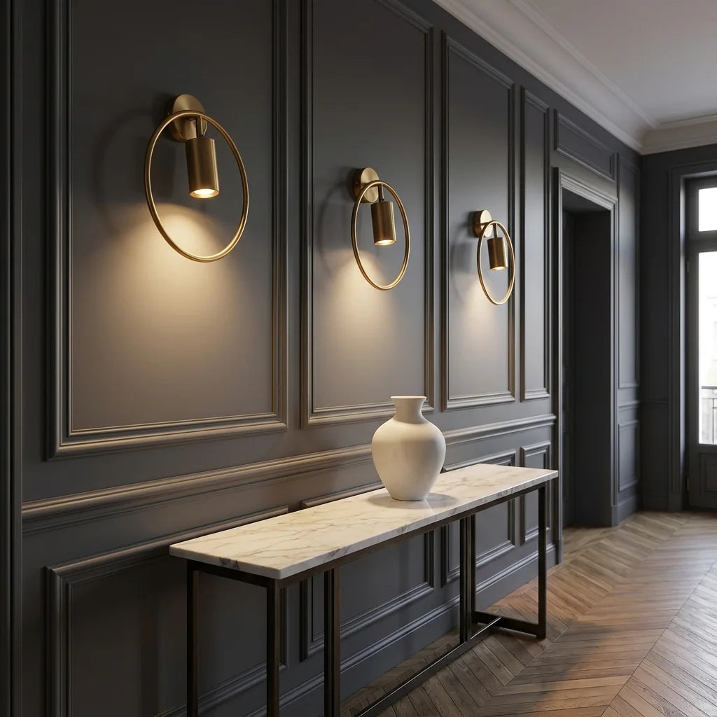 Trois appliques anneau bronze dans une entrée haussmannienne