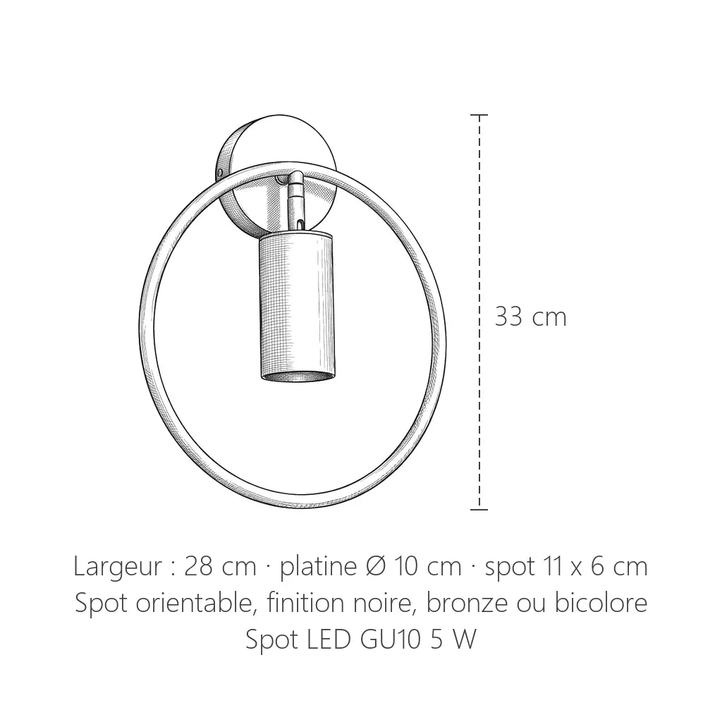 Dimensions de l'applique anneau et spot orientable : 33 x 28 cm