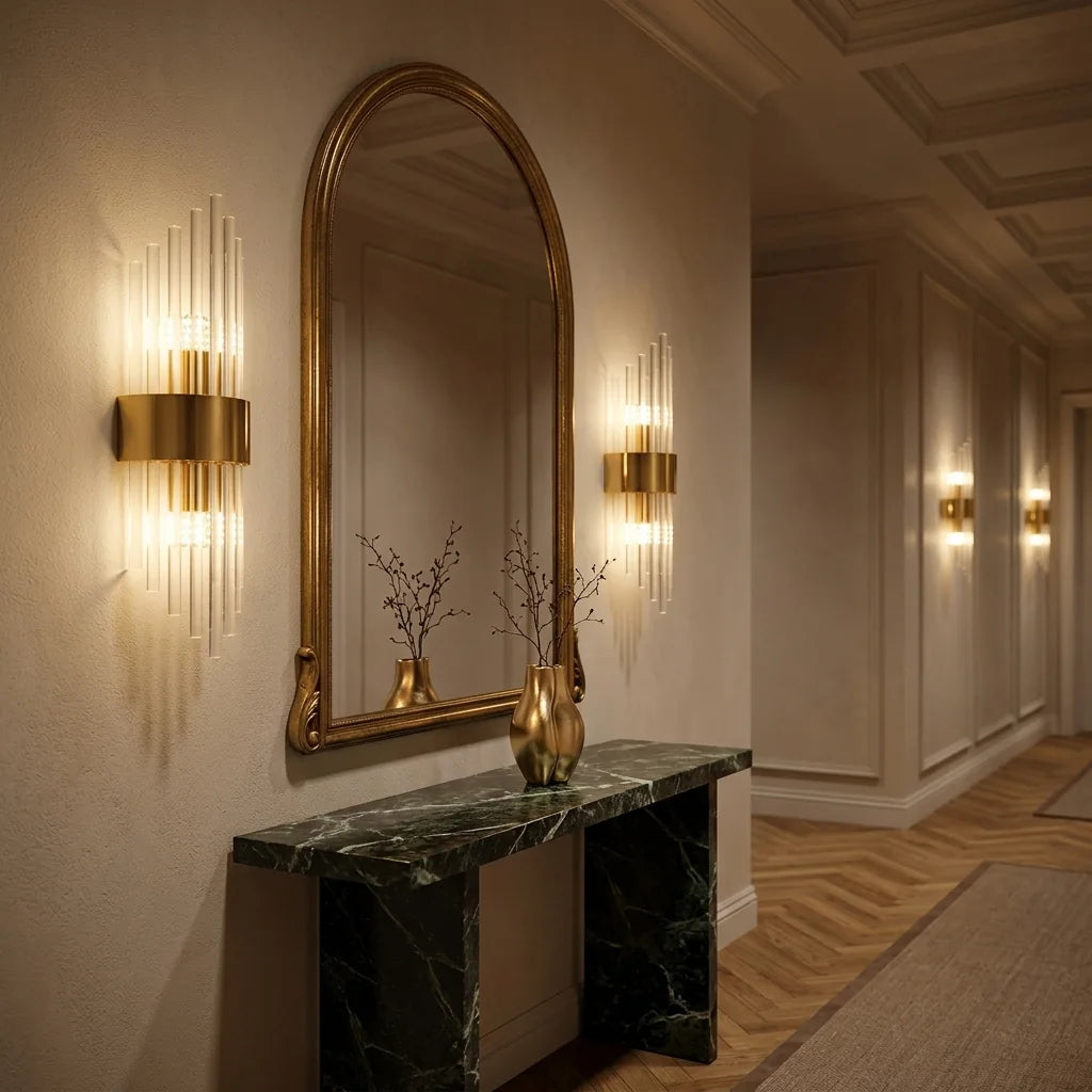 Deux appliques baguettes de cristal dorées encadrant un miroir arche
