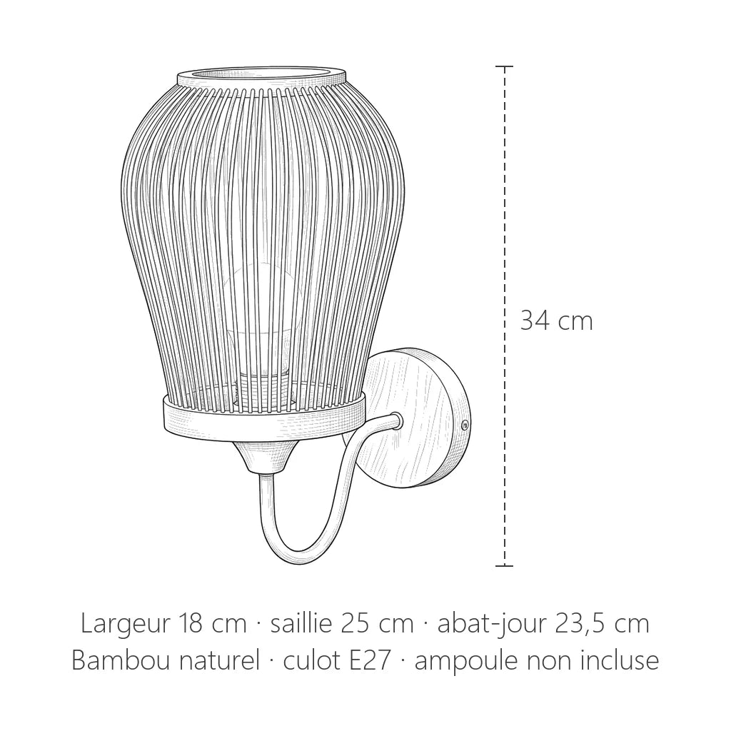 Dimensions de l'applique en bambou : 34 cm de haut, 18 cm de large