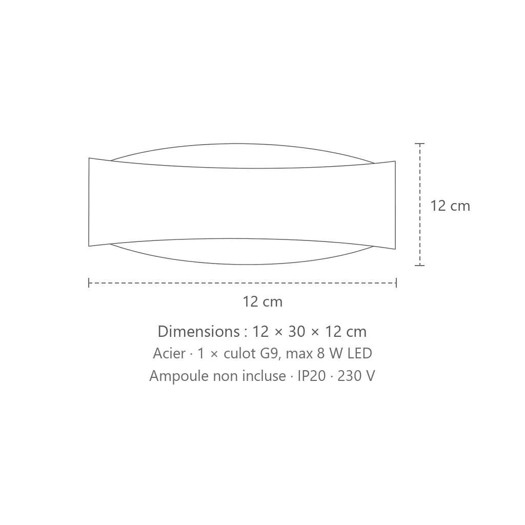 Dimensions : applique murale bandeau incurvé en acier, 12 × 30 × 12 cm