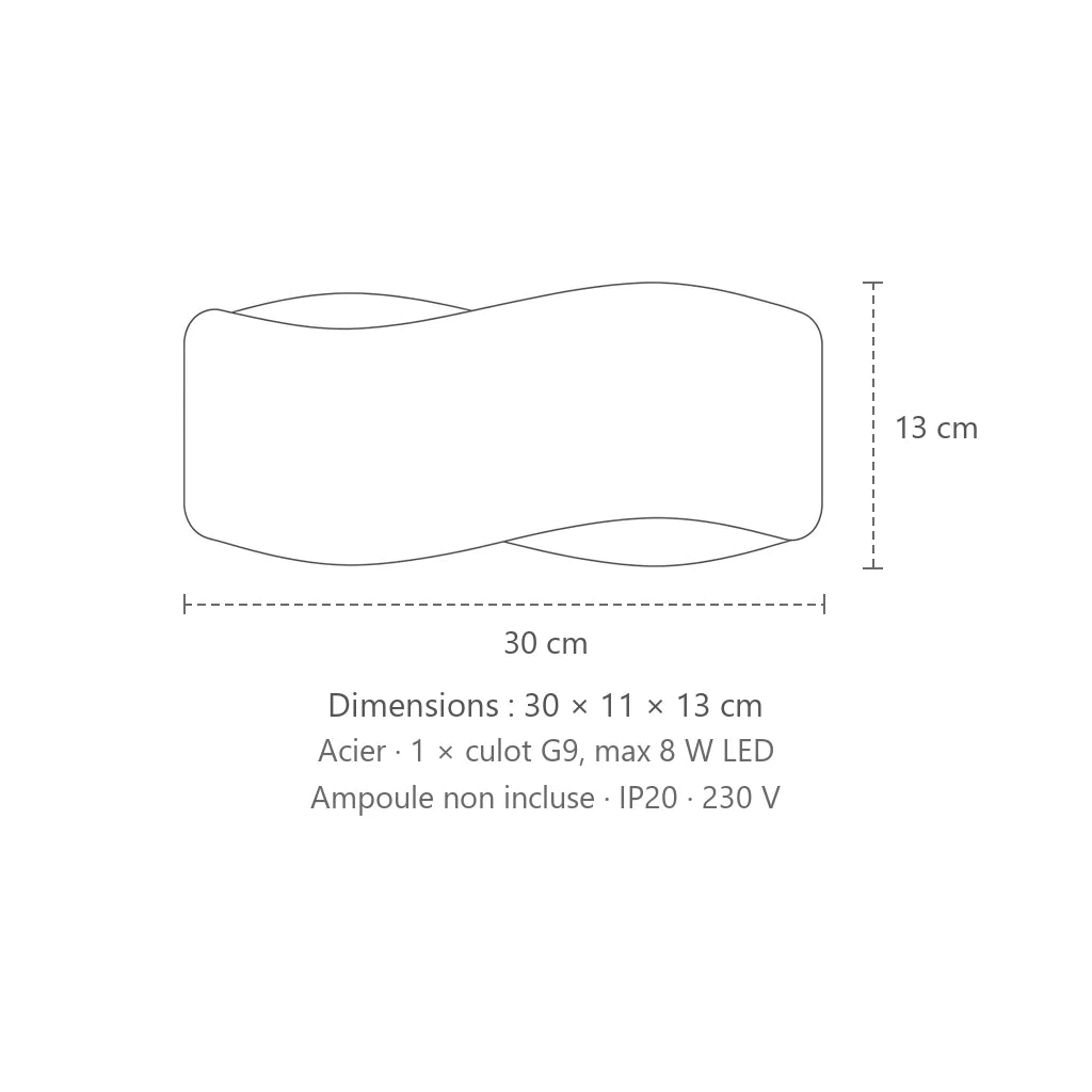 Dimensions : applique murale bandeau ondulé en acier (30 cm), 30 × 11 × 13 cm
