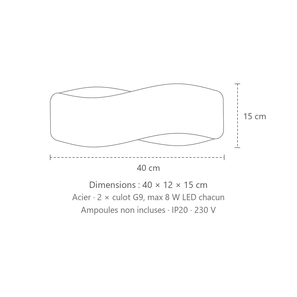 Dimensions : applique murale bandeau ondulé en acier (40 cm), 40 × 12 × 15 cm